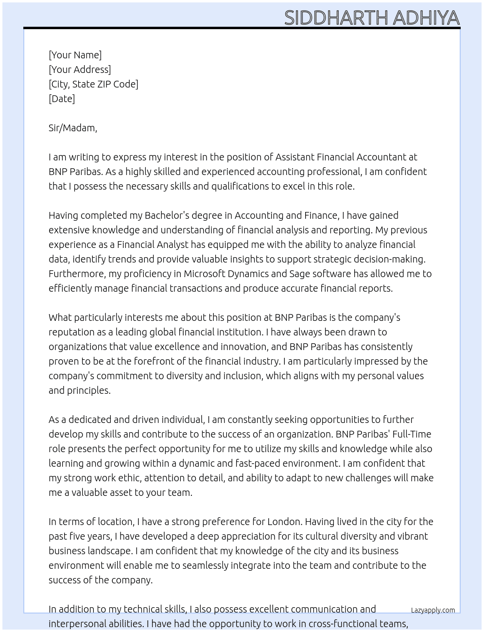 Assistant Financial Accountant At BNP Paribas Cover Letter