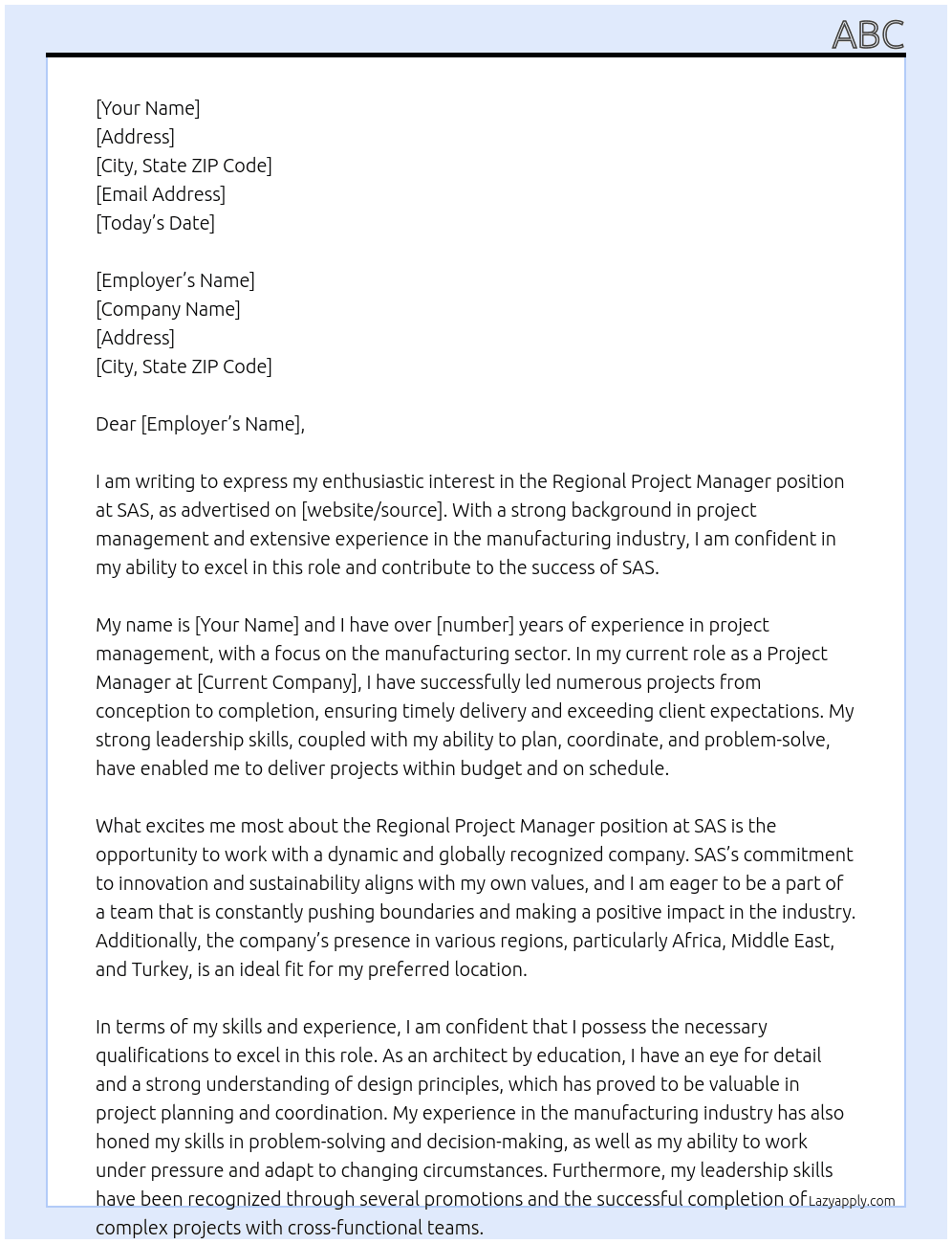 regional project manager At sas Cover Letter