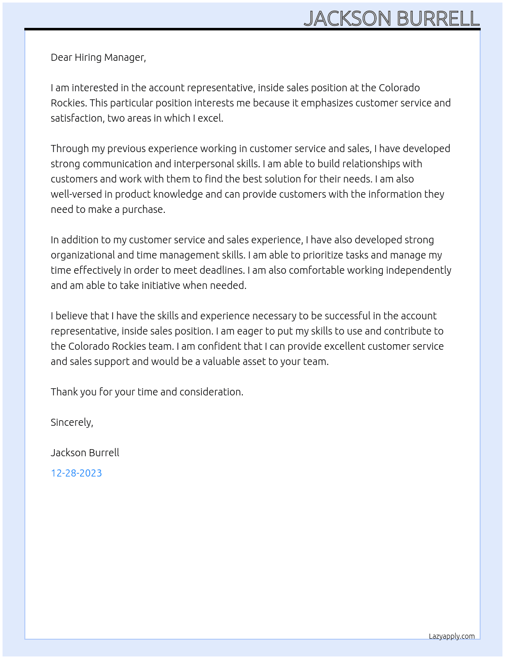 Account Representative, Inside Sales At Colorado Rockies Cover Letter