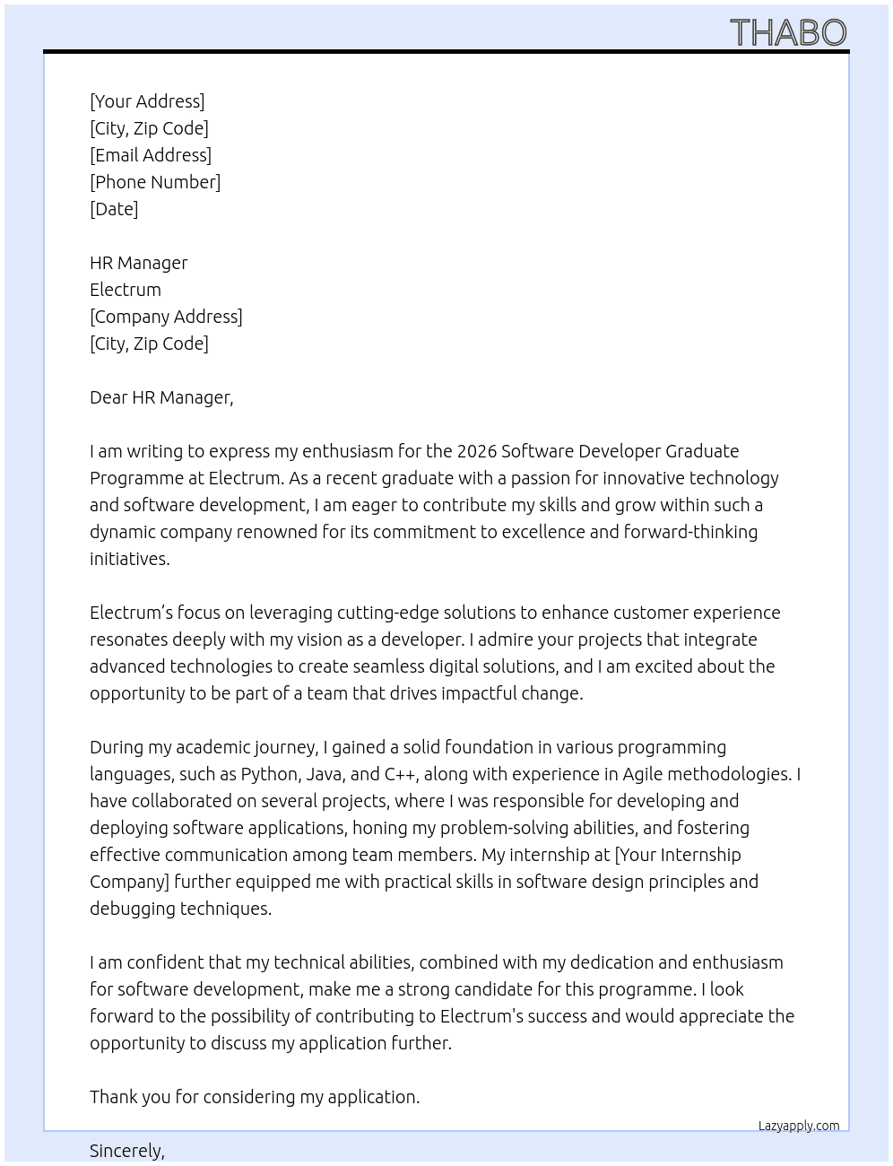 Cover letter for 2026 software developer graduate programme - LazyApply