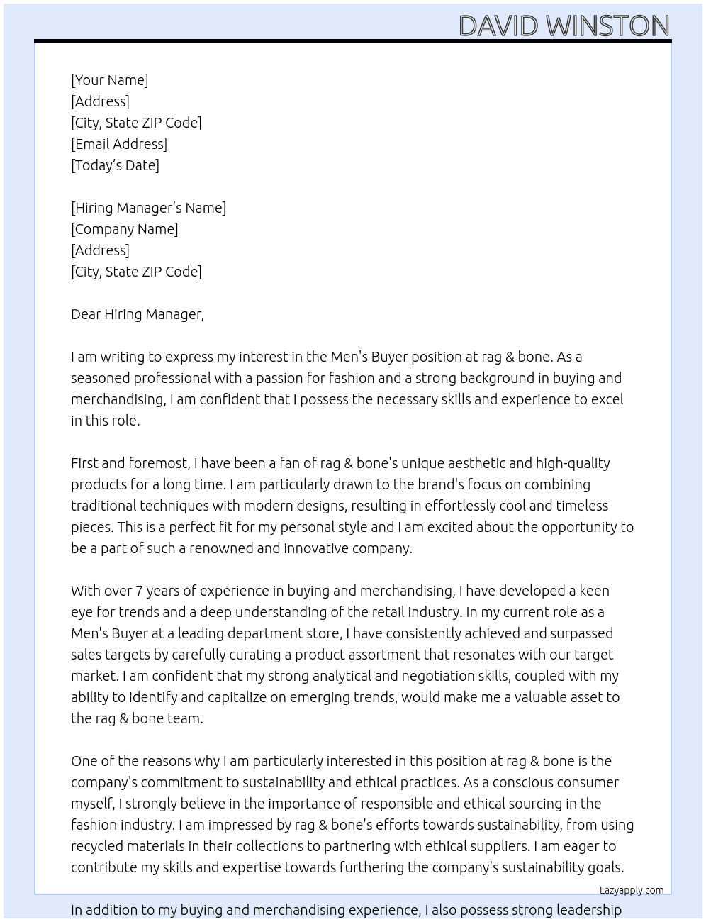 Men's Buyer At rag & bone Cover Letter