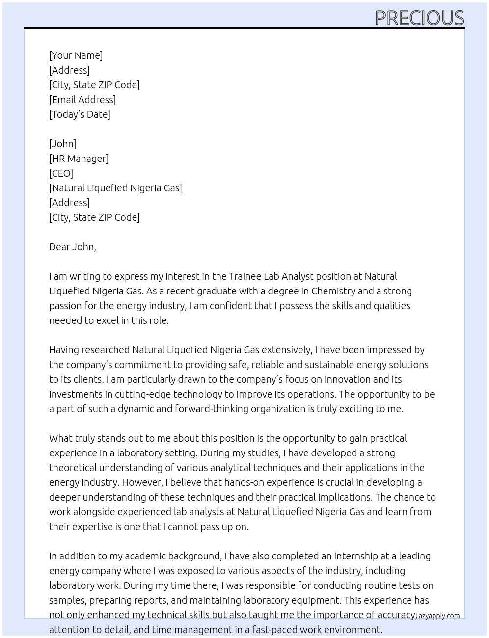 Trainee Lab Analyst At Natural Liquefied Nigeria Gas  Cover Letter
