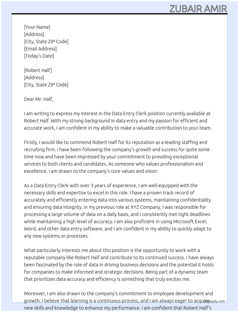 Data Entry Clerk At Robert Half  Cover Letter