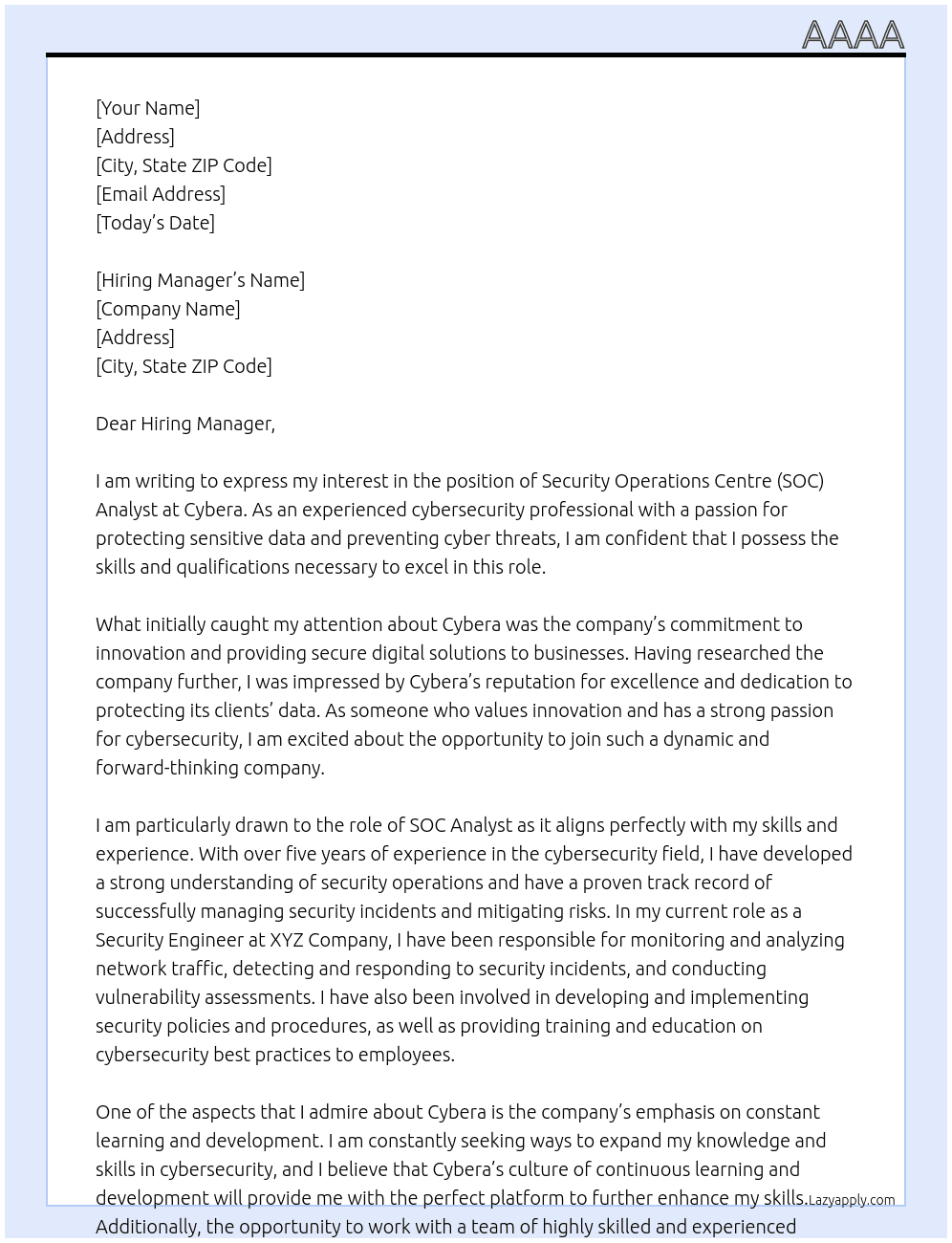 Security Operations Centre (SOC) Analyst At Cybera Cover Letter