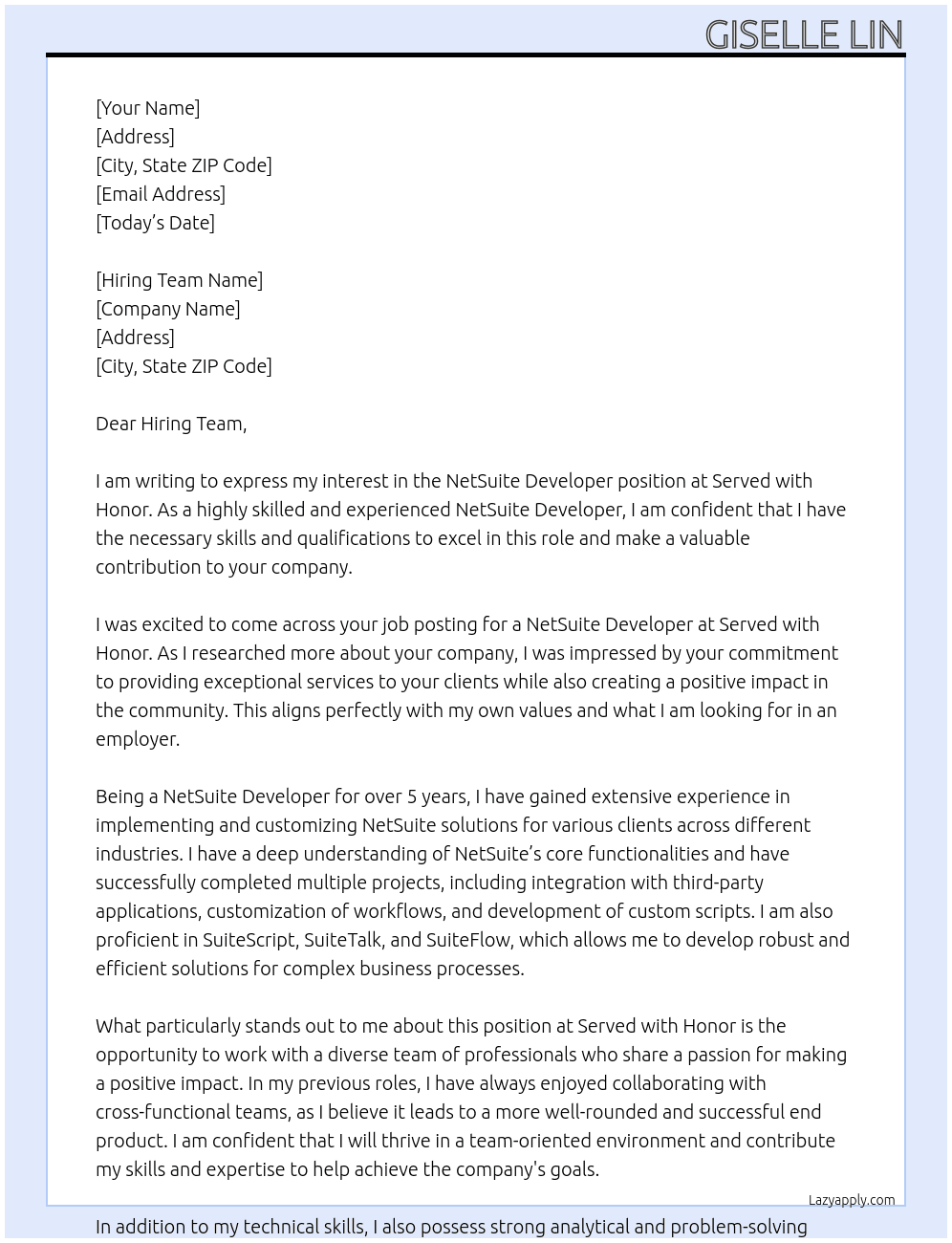 NetSuite Developer At Served with Honor Cover Letter