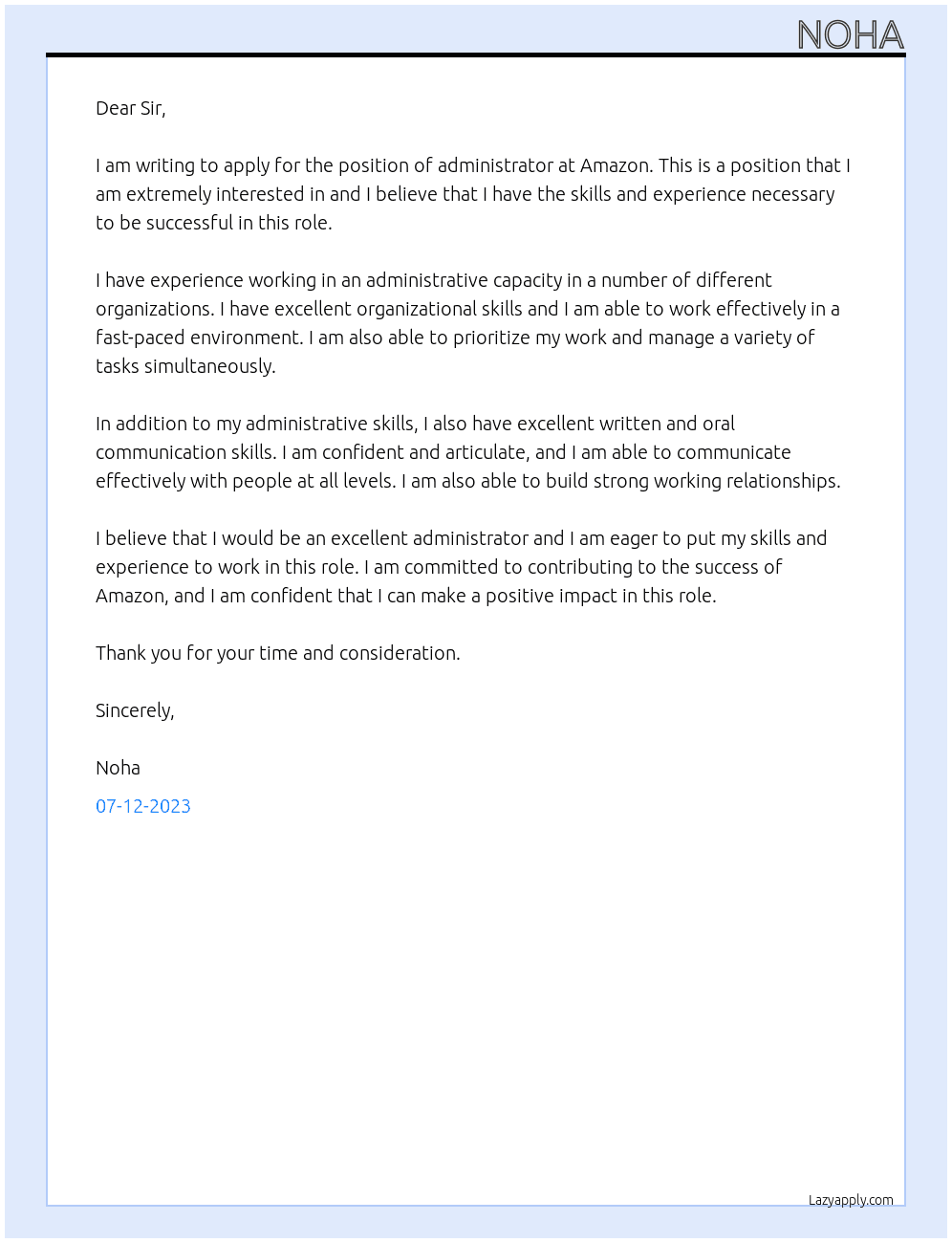 administration  At Amazon Cover Letter