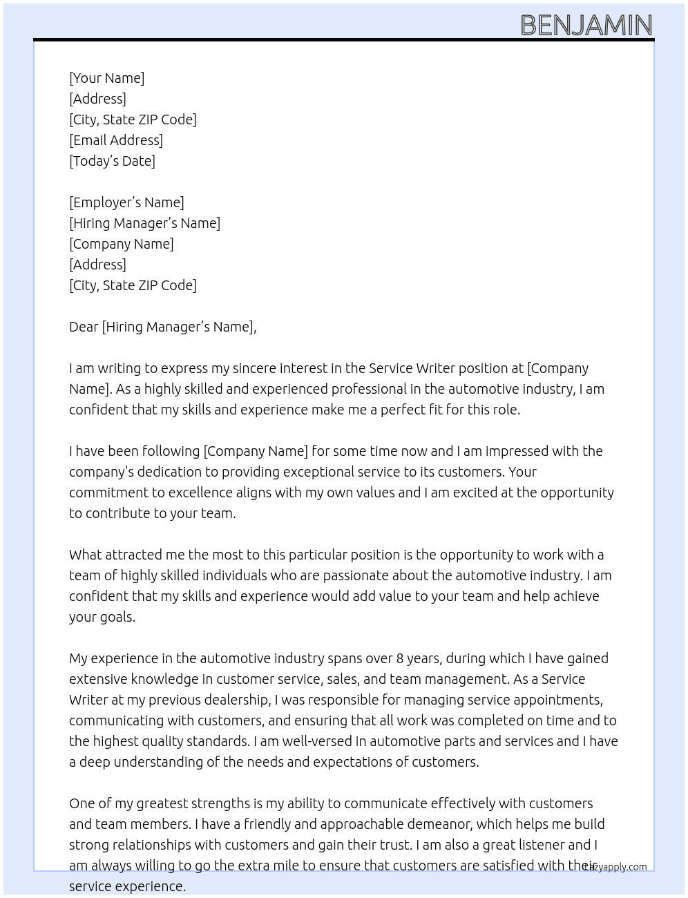 servic e writer At dealership Cover Letter