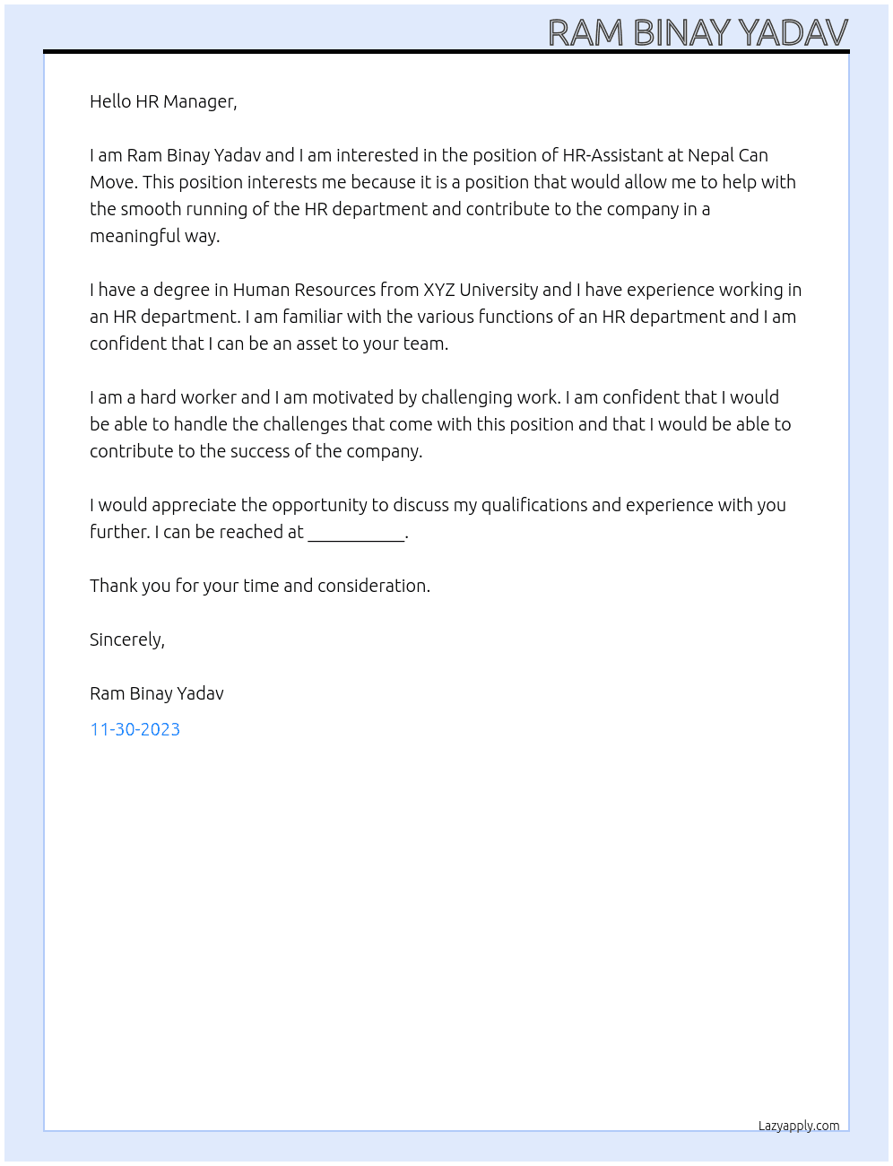 HR-Assistant At Nepal Can Move Cover Letter