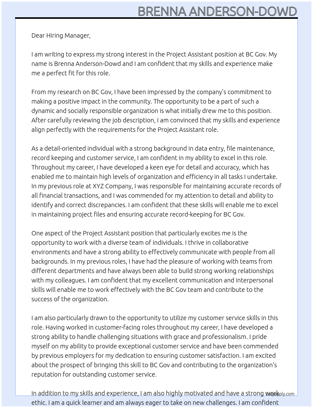 Project Assistant At BC Gov Cover Letter