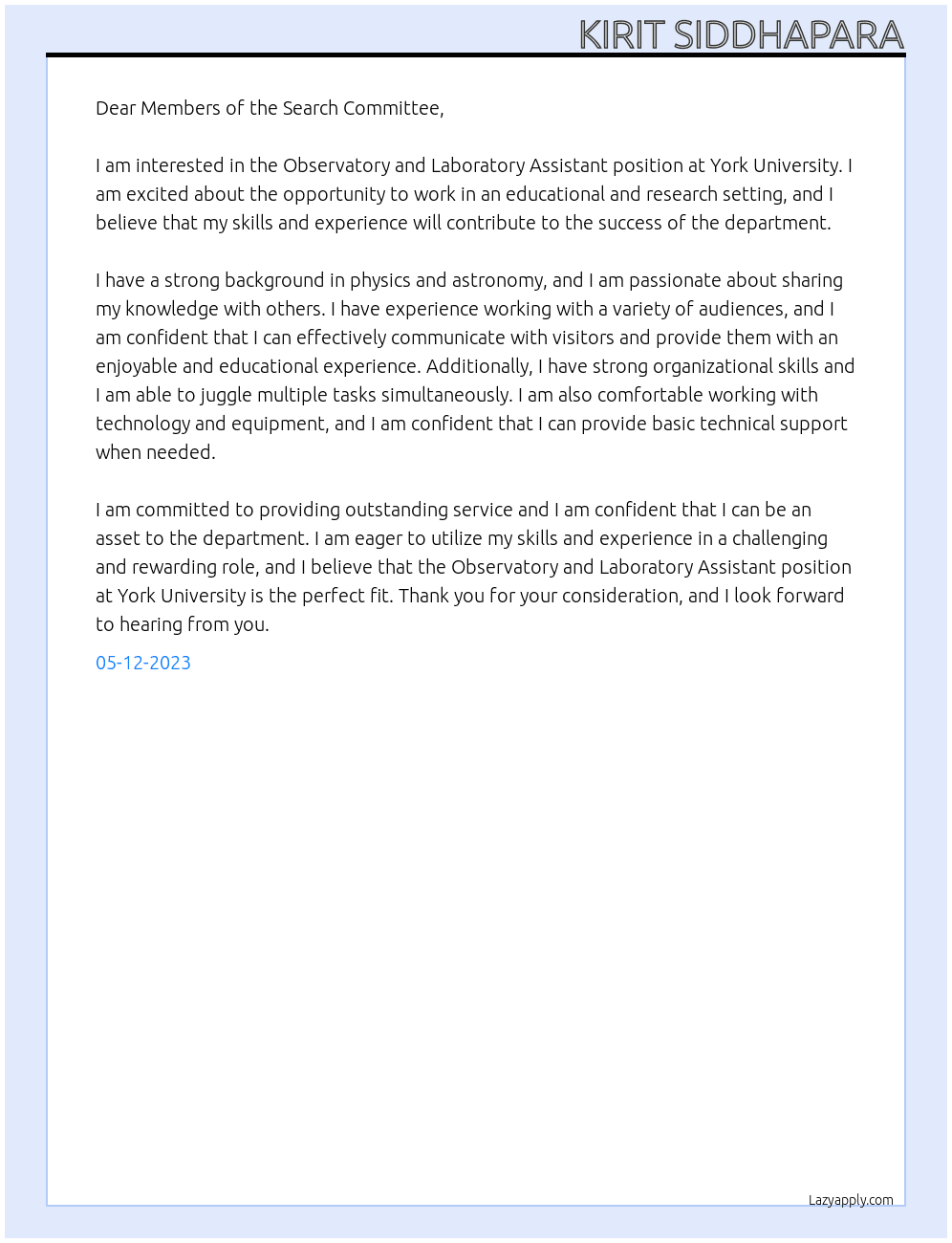 Observatory and Laboratory Assistant At Department of Physics & Astronomy, Faculty of Science Cover Letter