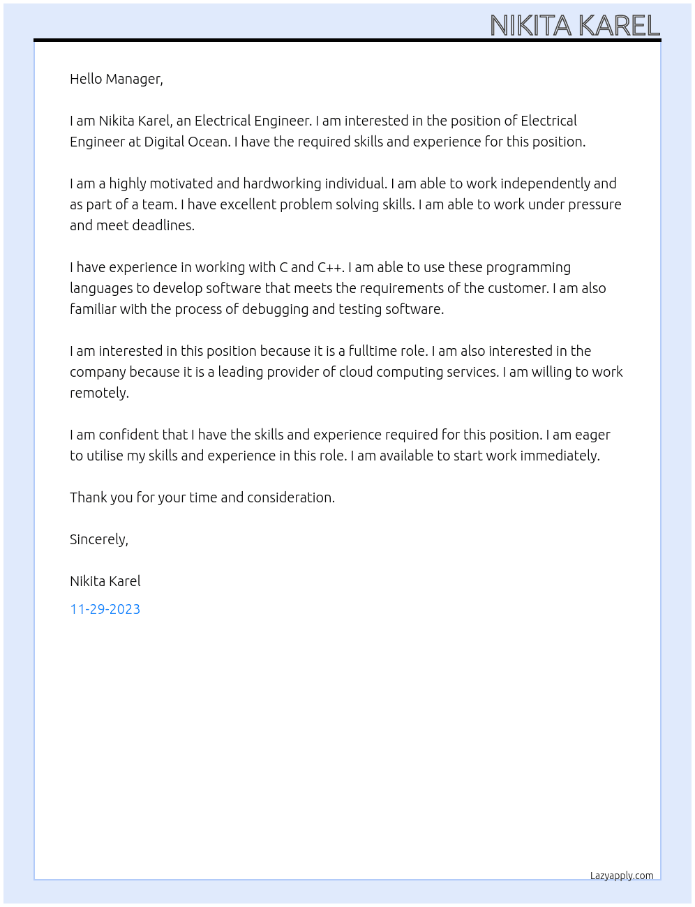 Electrical Engineer At Digital Ocean Cover Letter