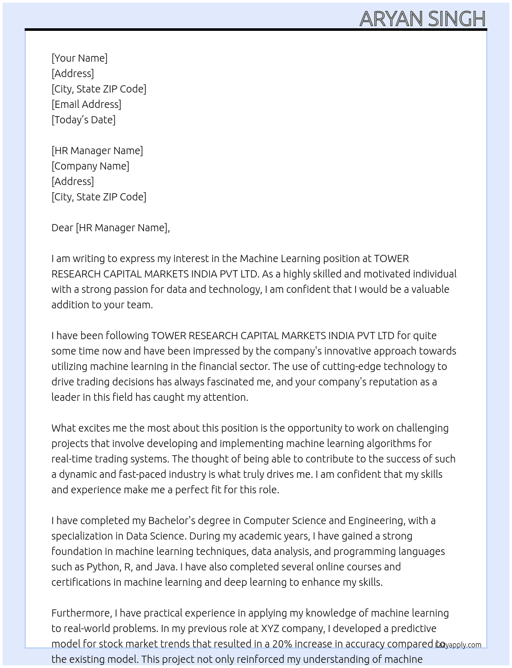Machine Learning At TOWER RESEARCH CAPITAL MARKETS INDIA PVT LTD Cover Letter