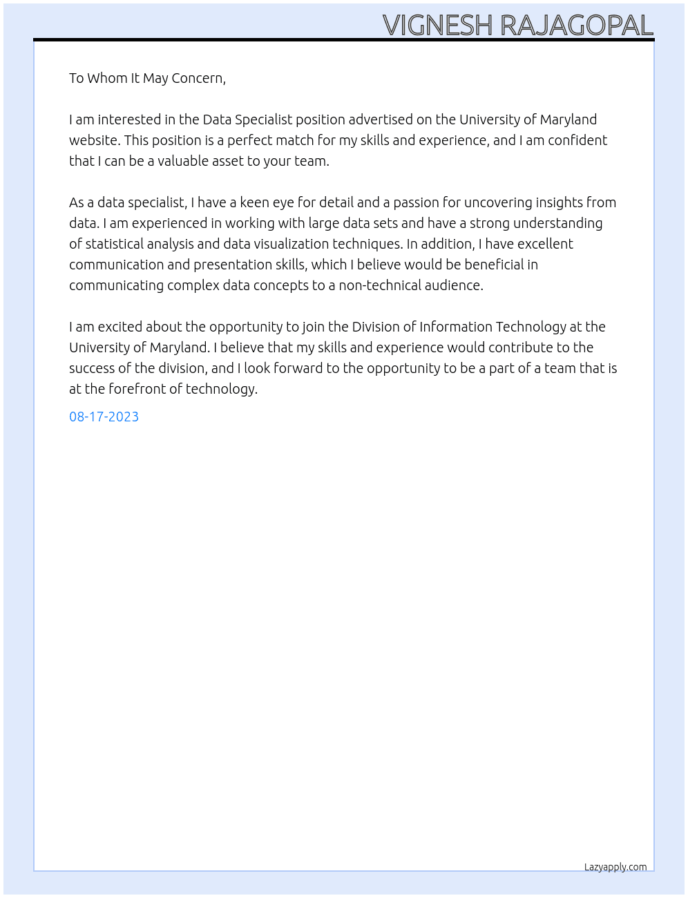 Data Specialist At University of Maryland Cover Letter