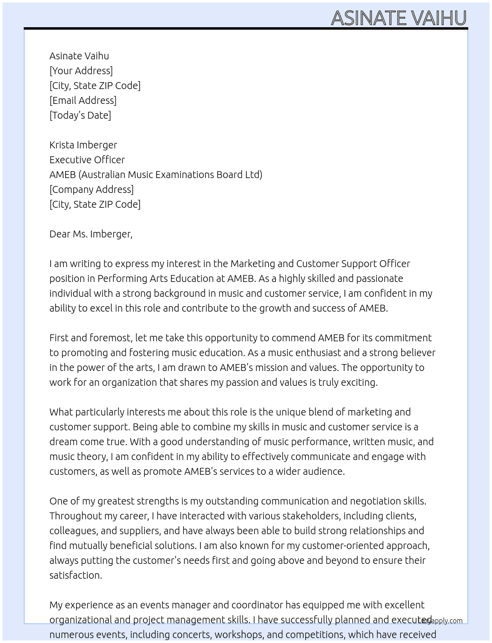 Cover letter for marketing and customer support officer in performing arts education - LazyApply