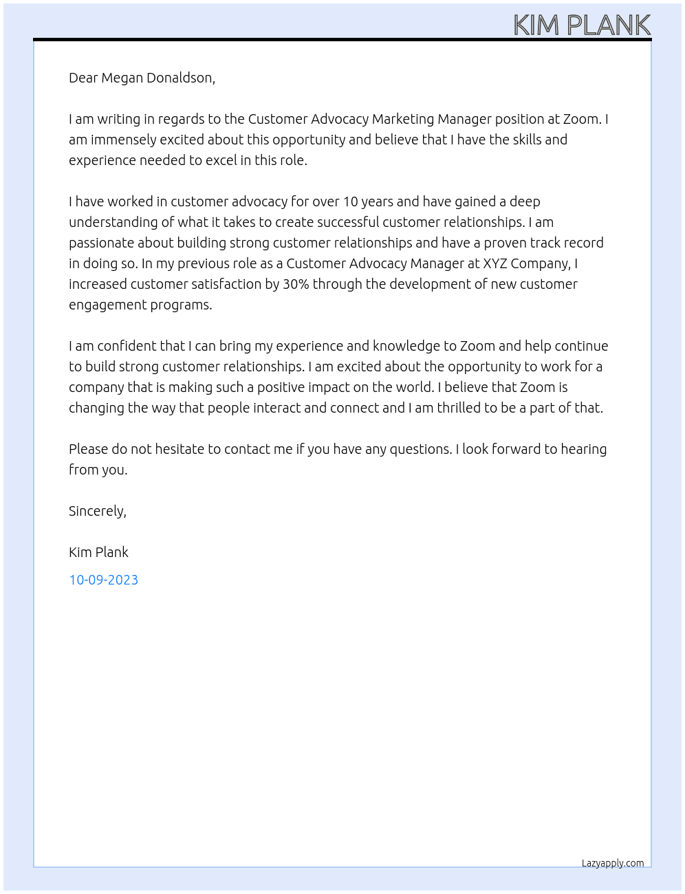 Customer Advocacy Marketing Manager At Zoom Cover Letter