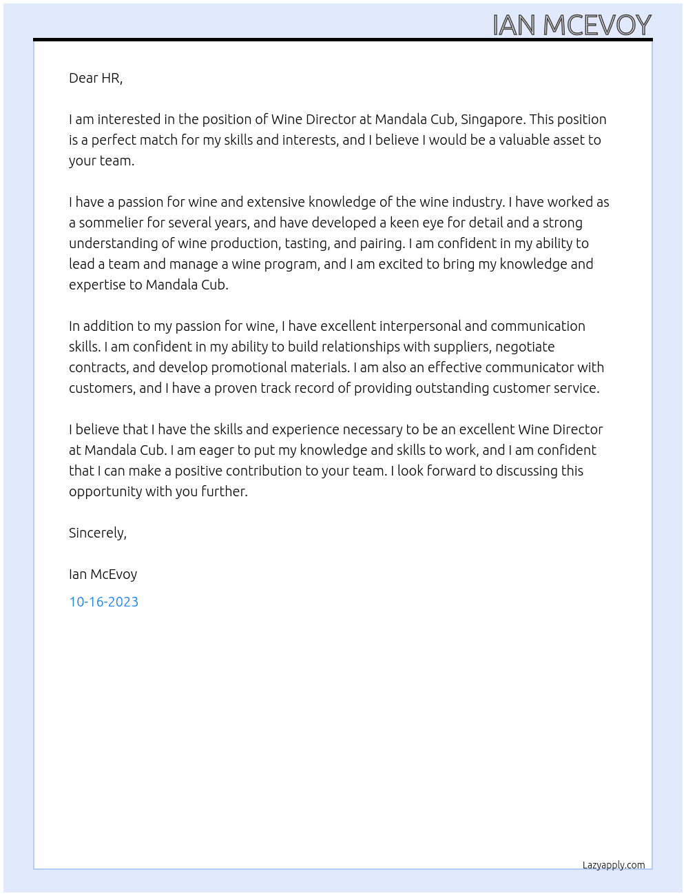 Wine Director At Mandala Cub, Singapore Cover Letter