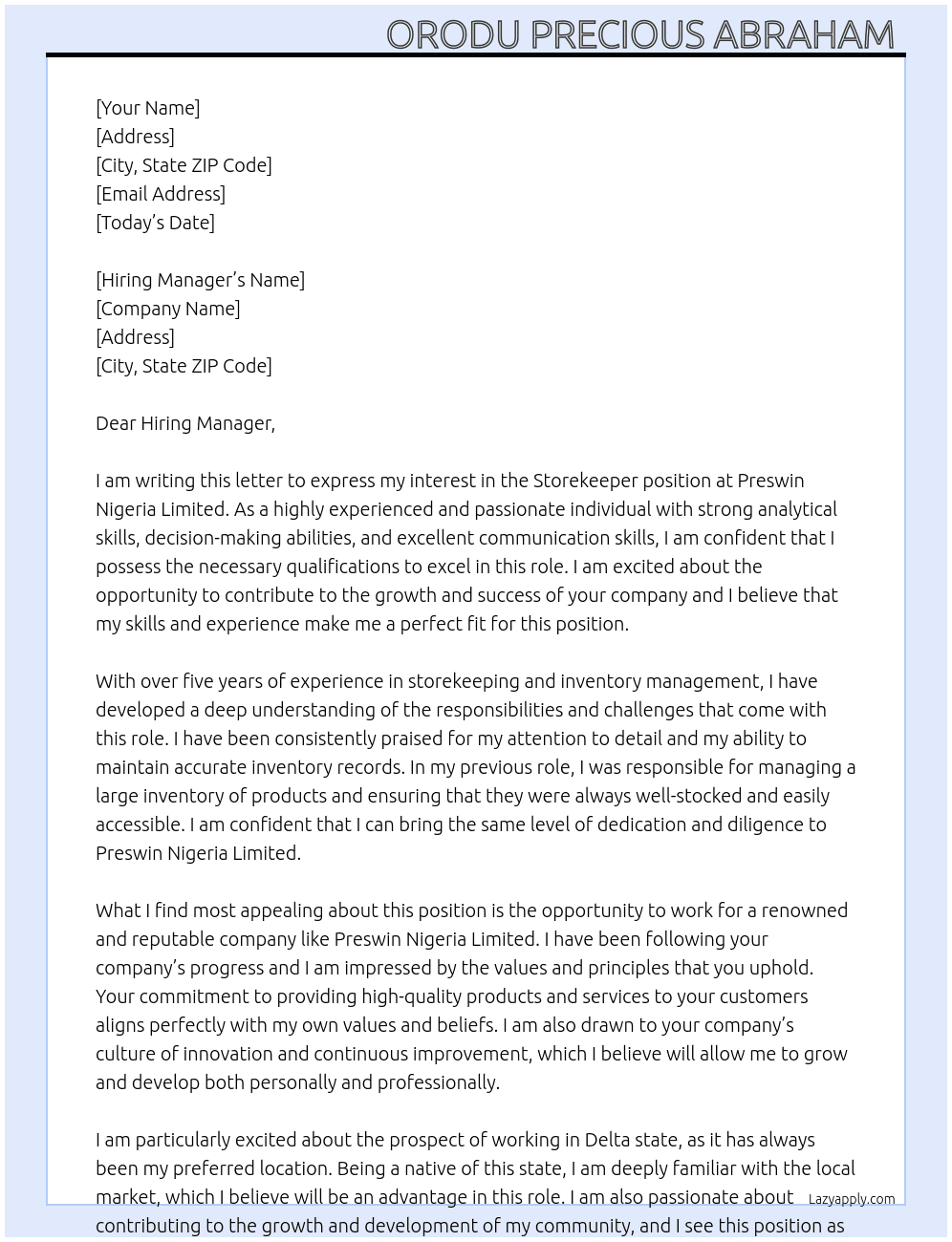 STOREKEEPER  At Preswin Nigeria Limited Cover Letter