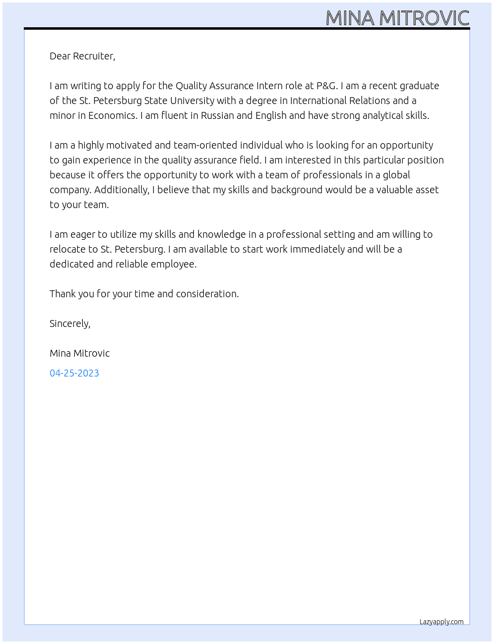Quality Assurance Intern At P&G Cover Letter
