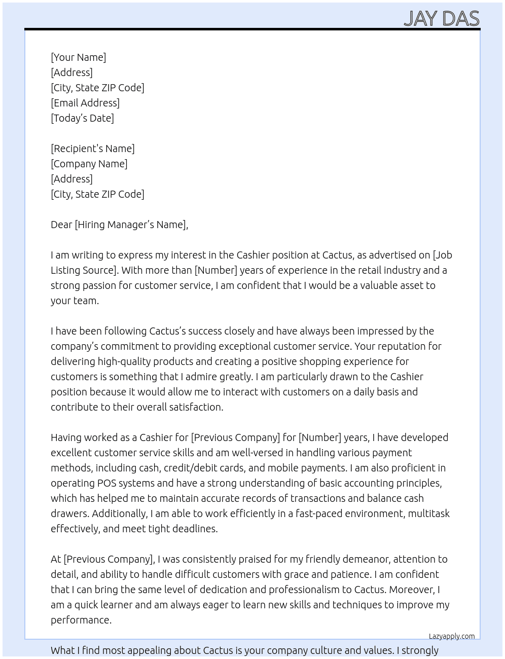 Cashier  At Cactus Cover Letter