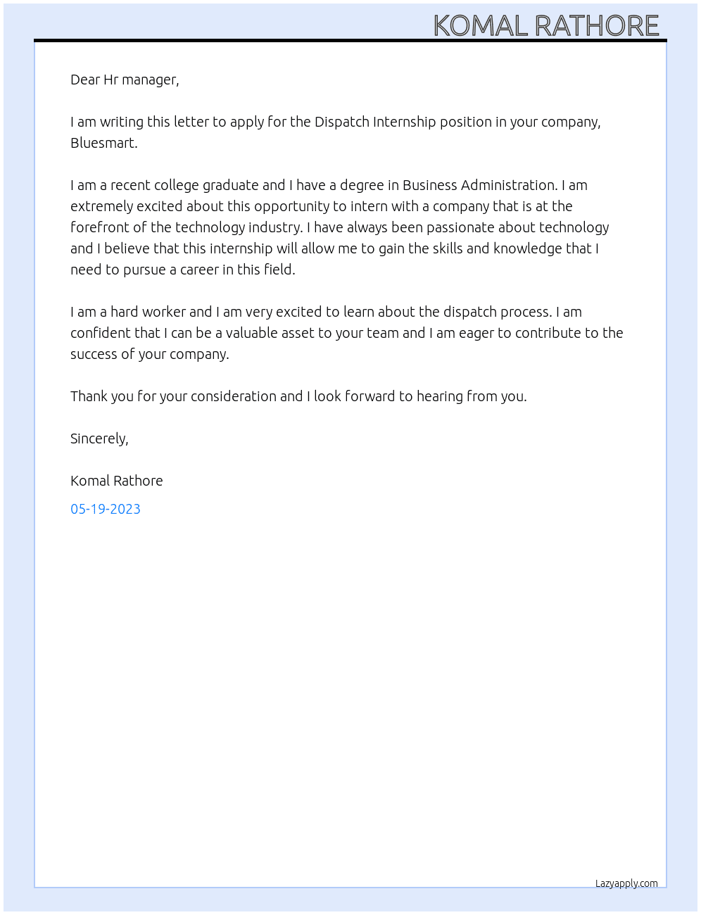Dispatch Internship  At Bluesmart Cover Letter