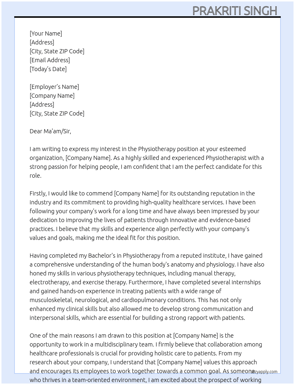 Physiotherapy  At MNC Cover Letter