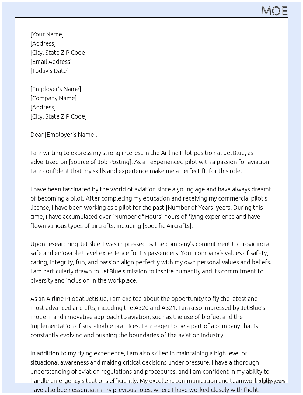 Airline pilot At Jetblue Cover Letter