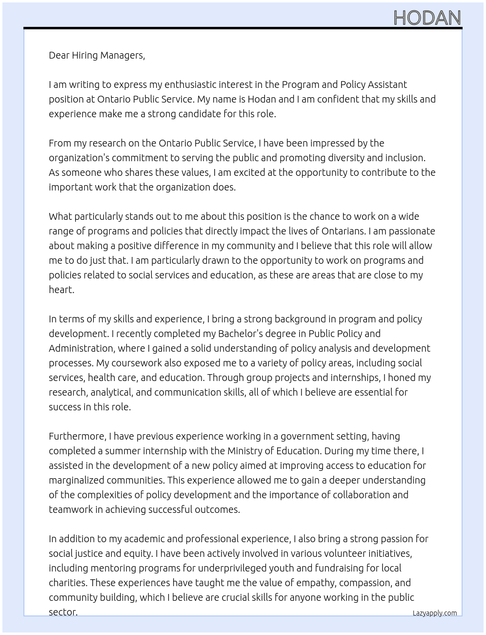 Program and Policy assistant At Ontario Public Service Cover Letter