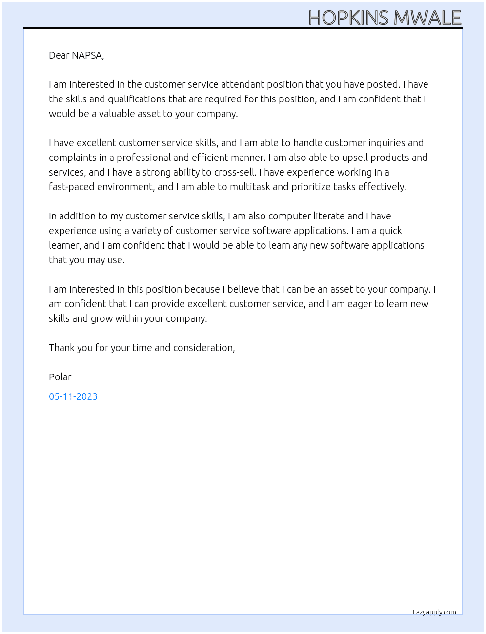 Customer Service Attendant At NAPSA Cover Letter