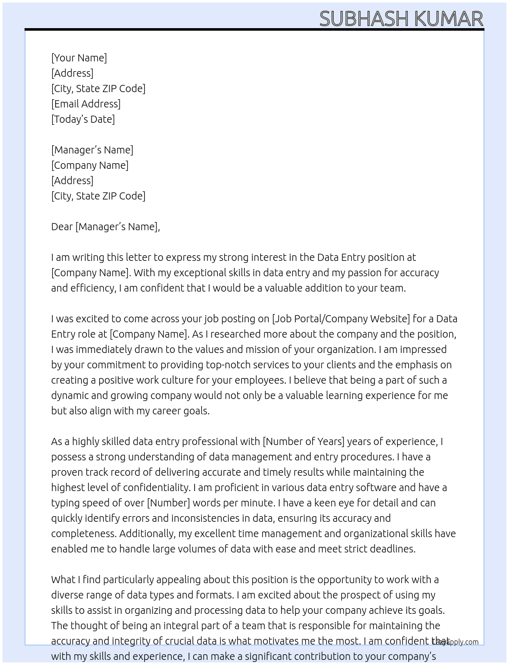 Data Entry  At Data Entry Role Cover Letter