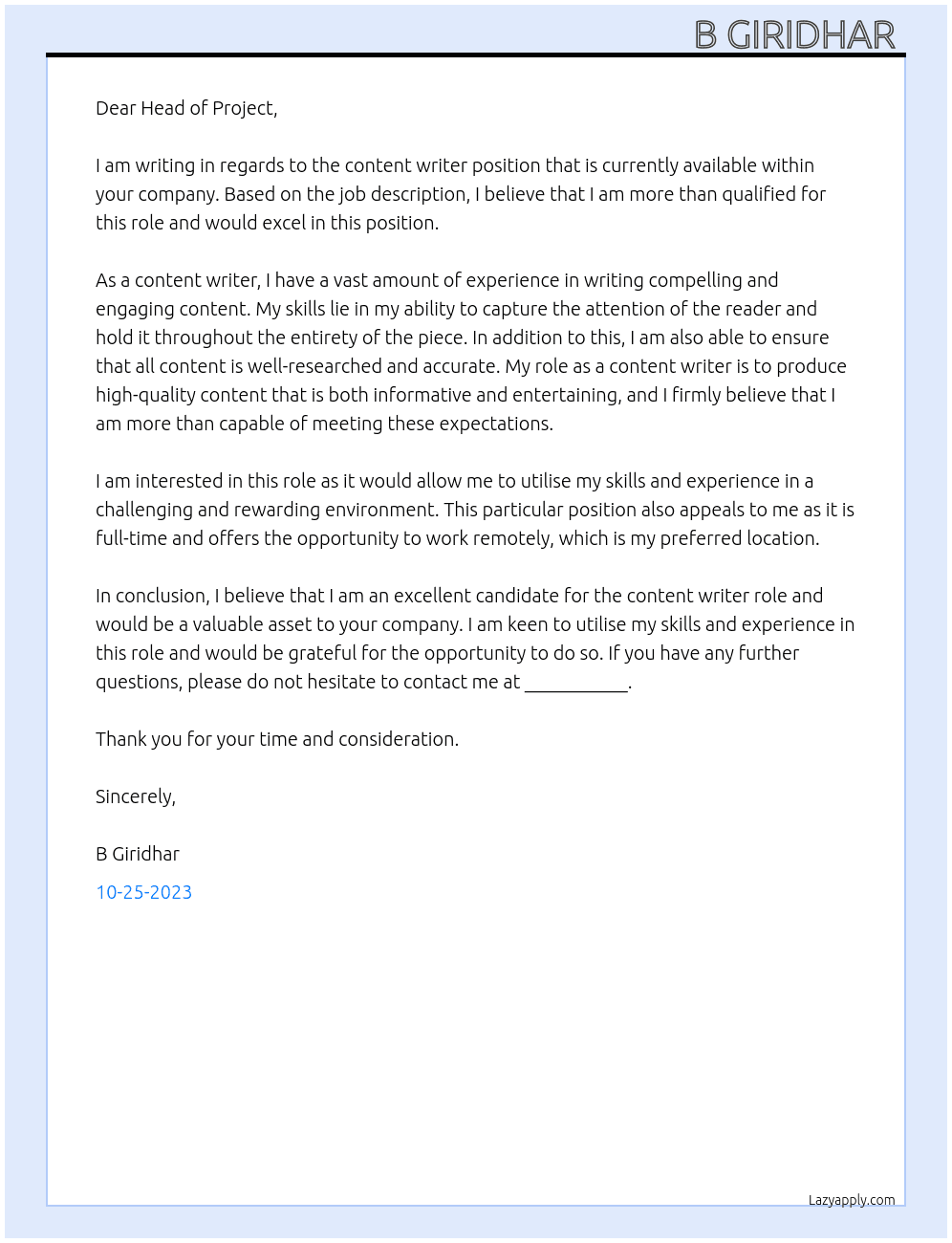 Content writer  At Particular  Cover Letter