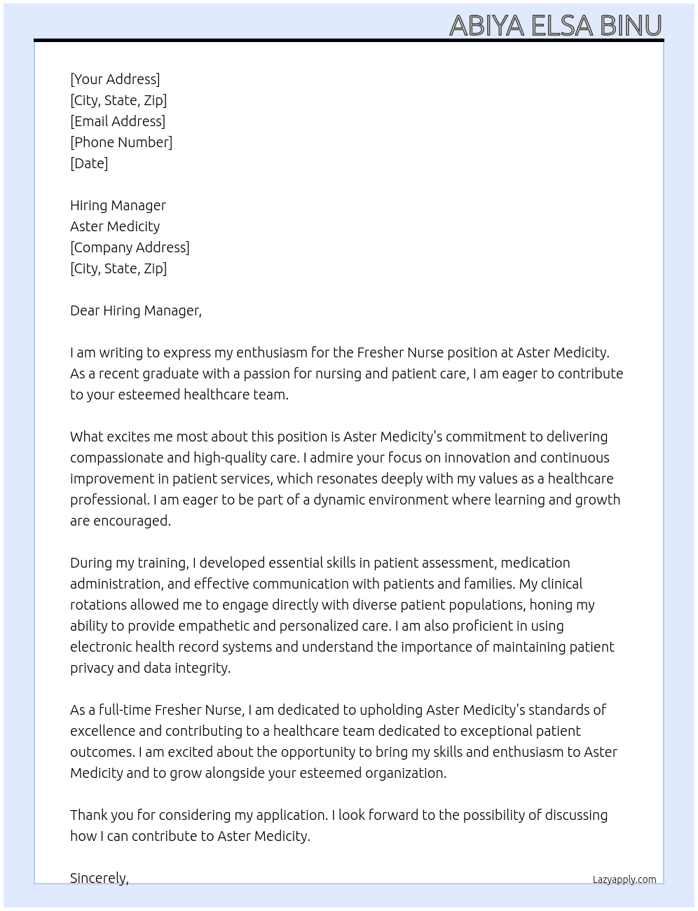 Cover letter for fresher nurse - LazyApply