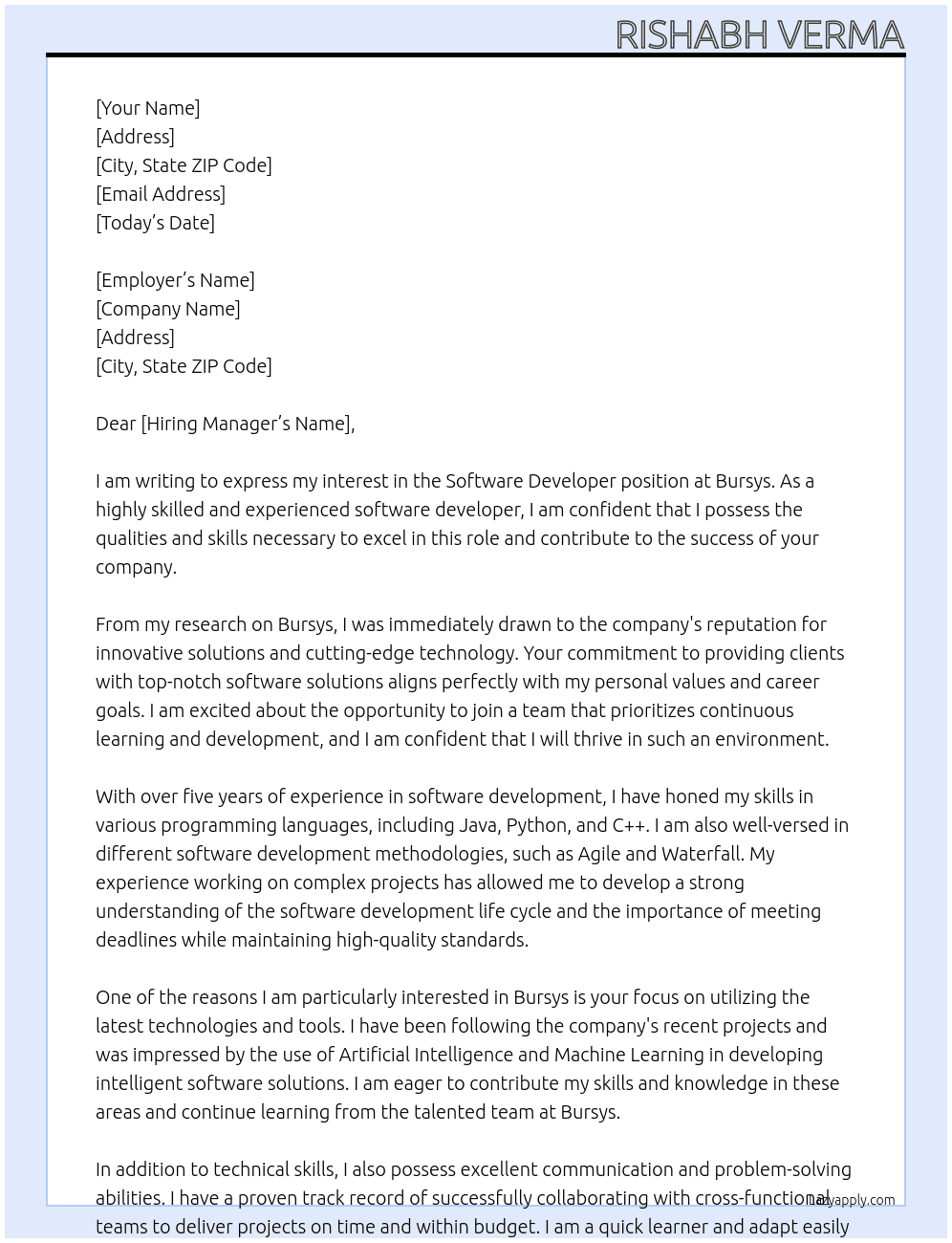 Software developer  At Bursys Cover Letter