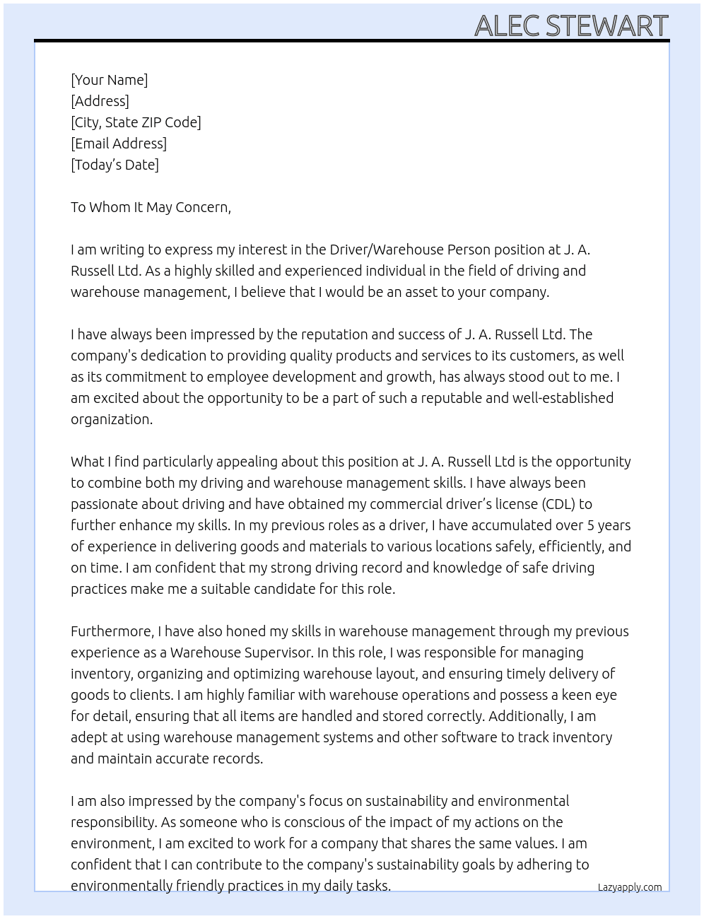 Driver/ Warehouse Person At J. A. Russell Ltd Cover Letter