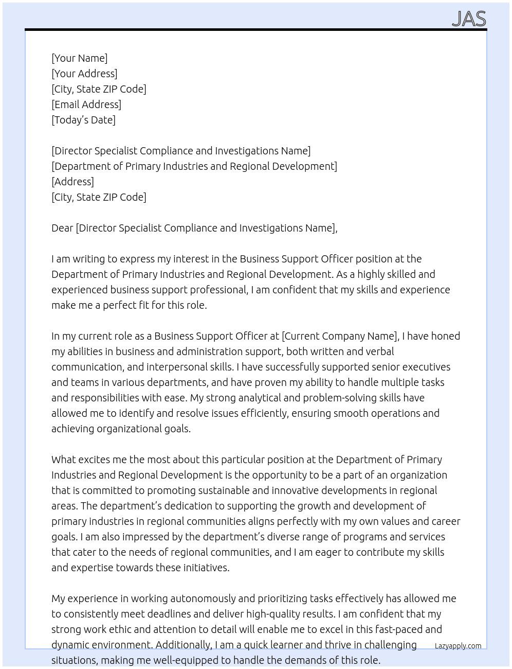 Business Support Officer  At Department of Primary Industries and Regional Development Cover Letter