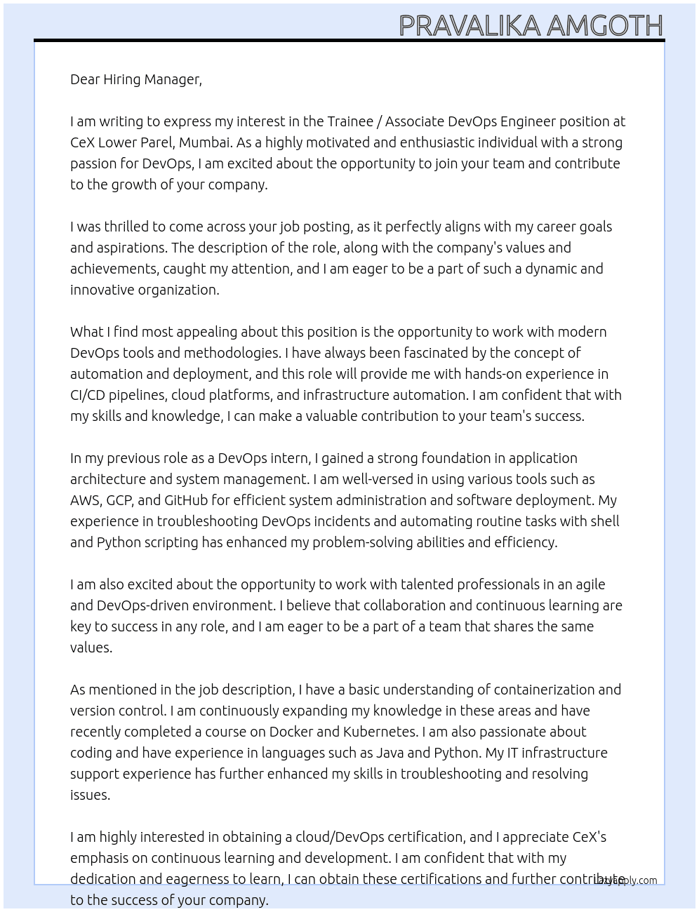 Cover letter for trainee / associate devops engineer - LazyApply