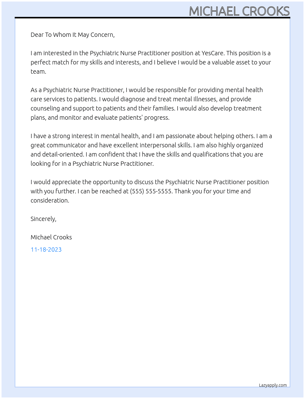 Psychiatric Nurse Practitioner At YesCare Cover Letter