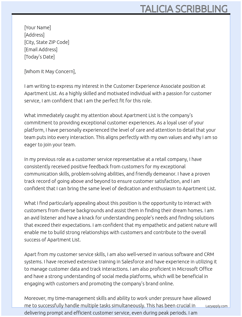 Customer Experience Associate  At Apartment List  Cover Letter
