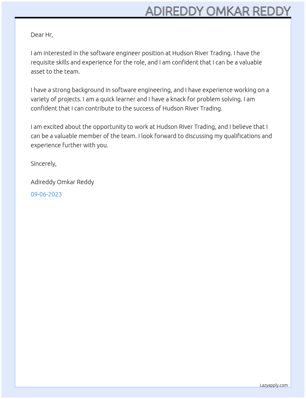 software engineer At Hudson River Trading Cover Letter
