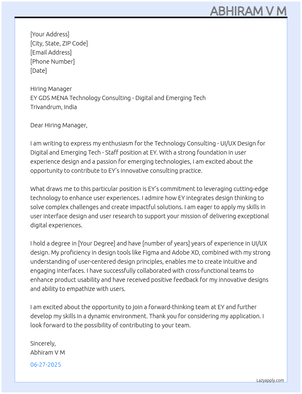 Cover letter for technology consulting - ui-ux design for digital and emerging tech - staff - LazyApply