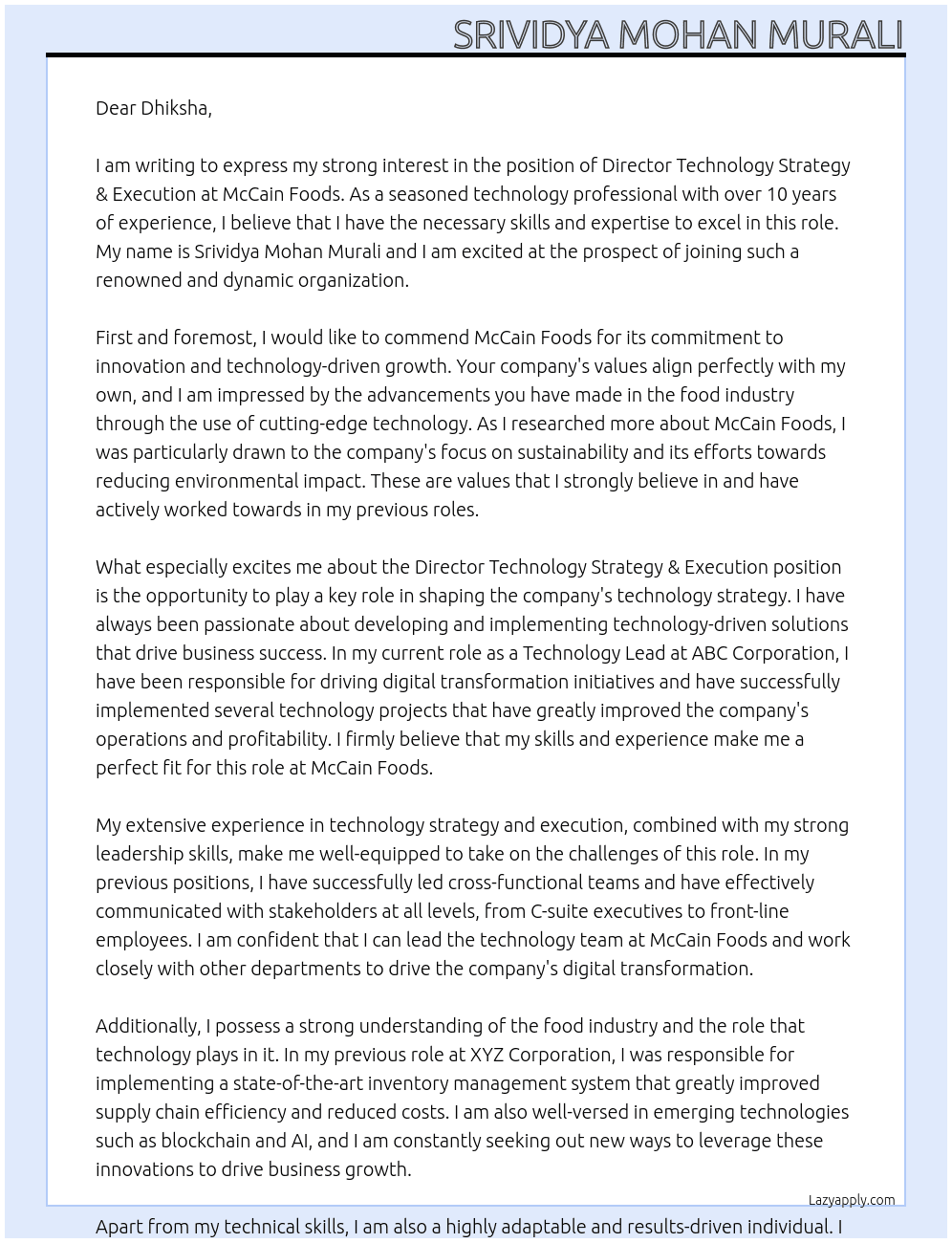 Director Technology Strategy & Execution At  McCain Foods Cover Letter