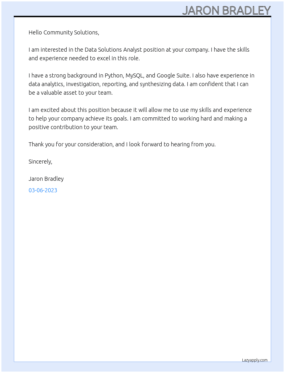Data Solutions Analyst At Community Solutions Cover Letter