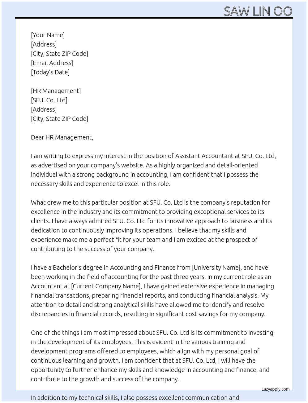 assistant accountant At SFU. Co.ltd Cover Letter