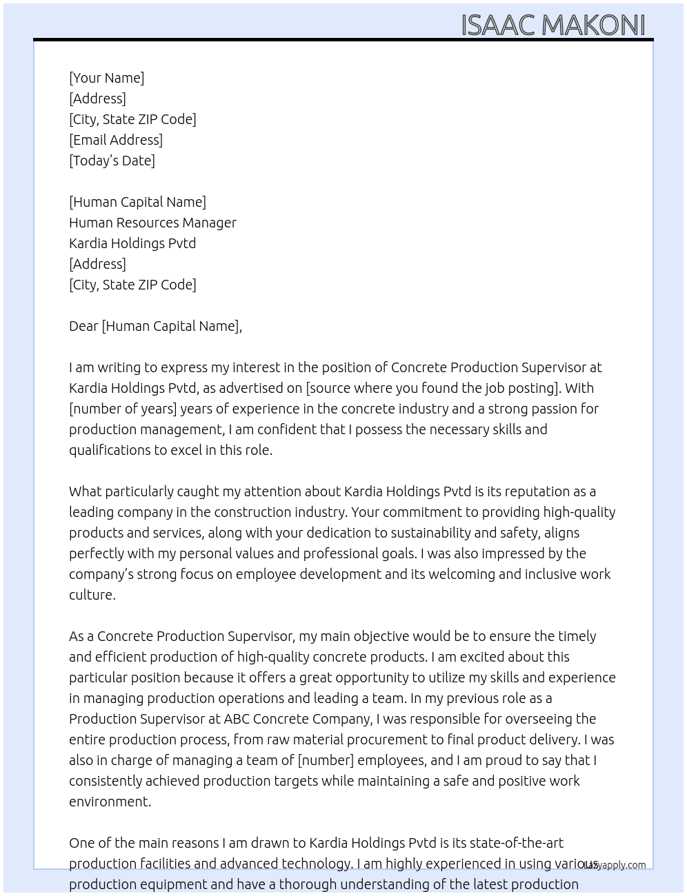 Concrete production supervisor  At Kardia holdings  Pvtd  Cover Letter