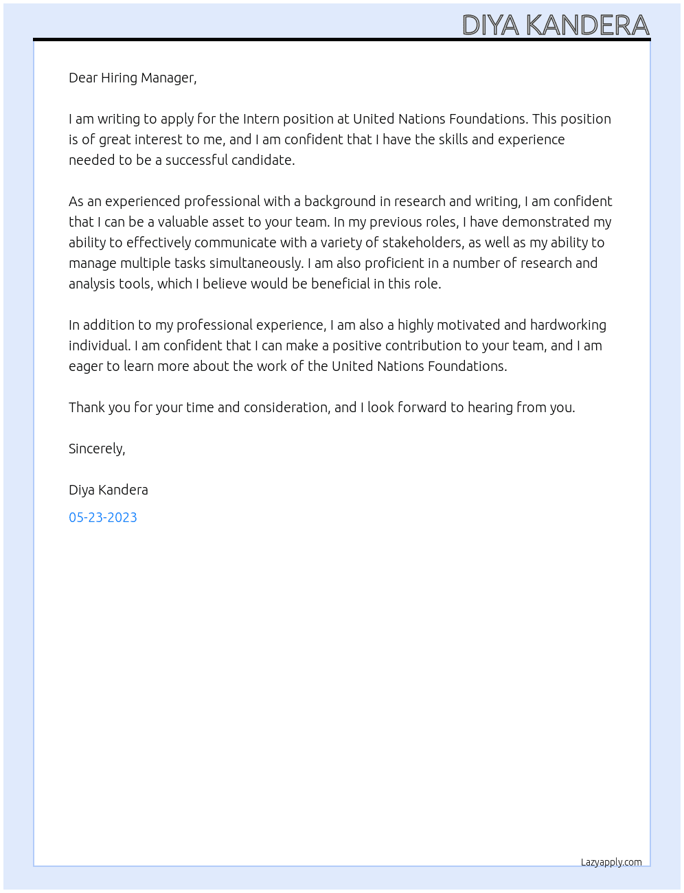 Intern At United Nations Foundations  Cover Letter