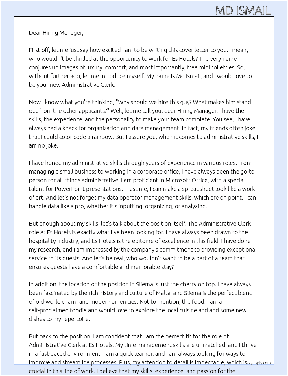 Administrative Clerk  At Es Hotels Cover Letter