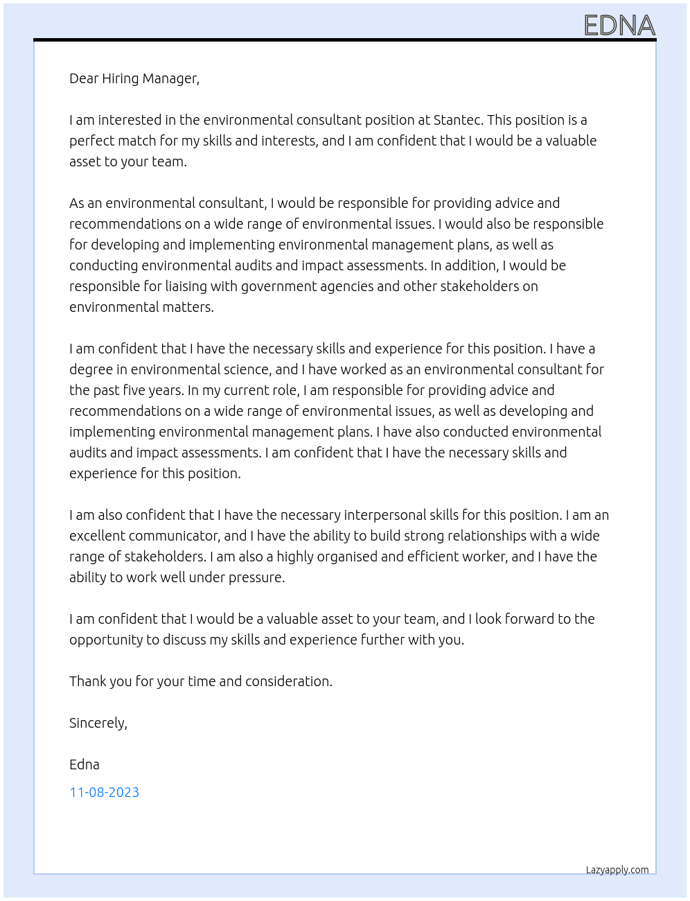 environmental consultant At Stantec Cover Letter