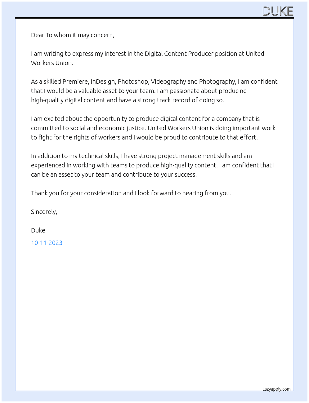  Digital Content Producer At United Workers Union Cover Letter