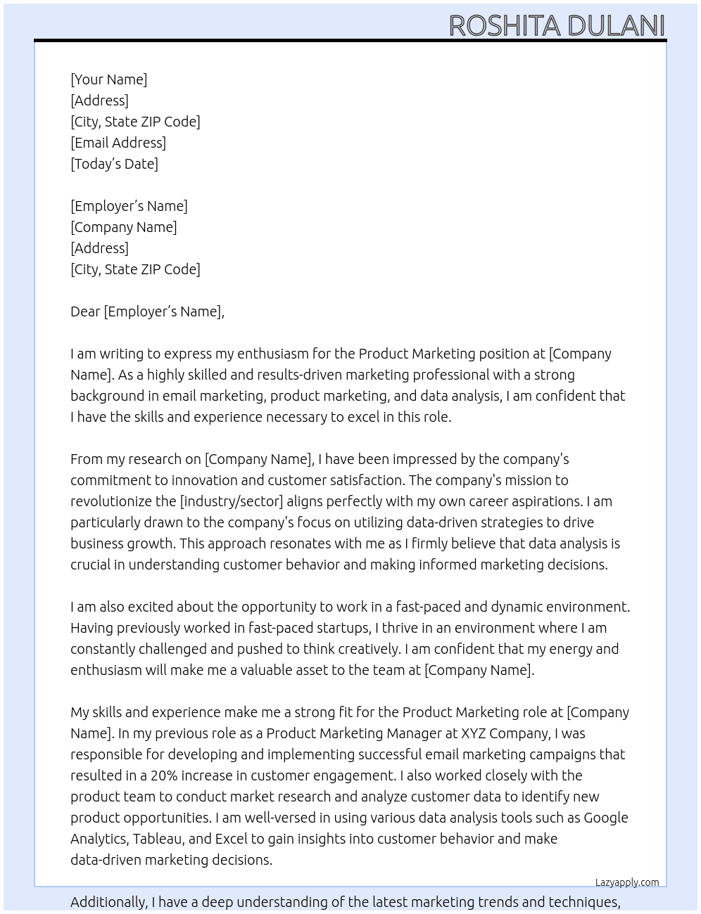 Product Marketing At company name Cover Letter
