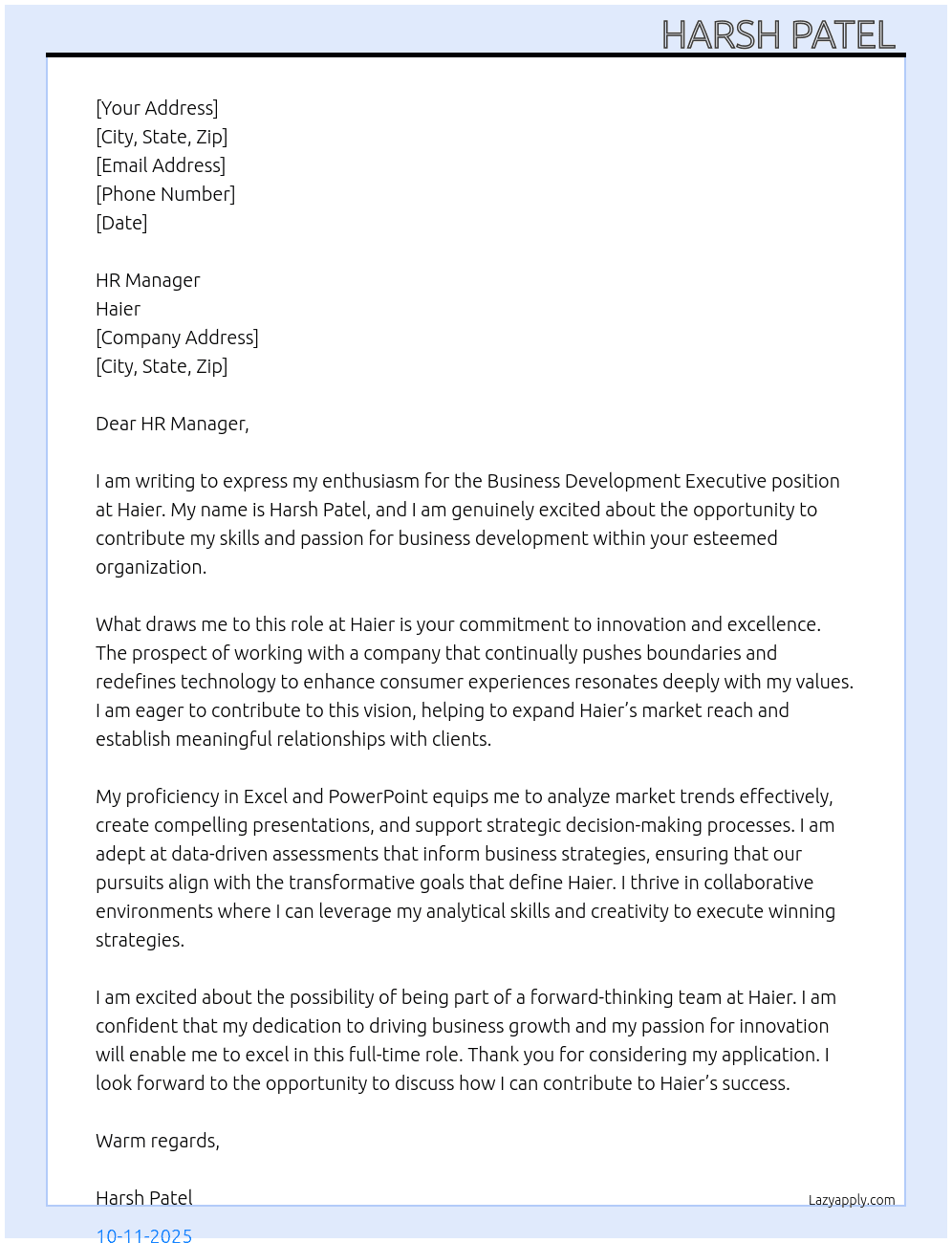 Business Development Executive  At Haier Cover Letter