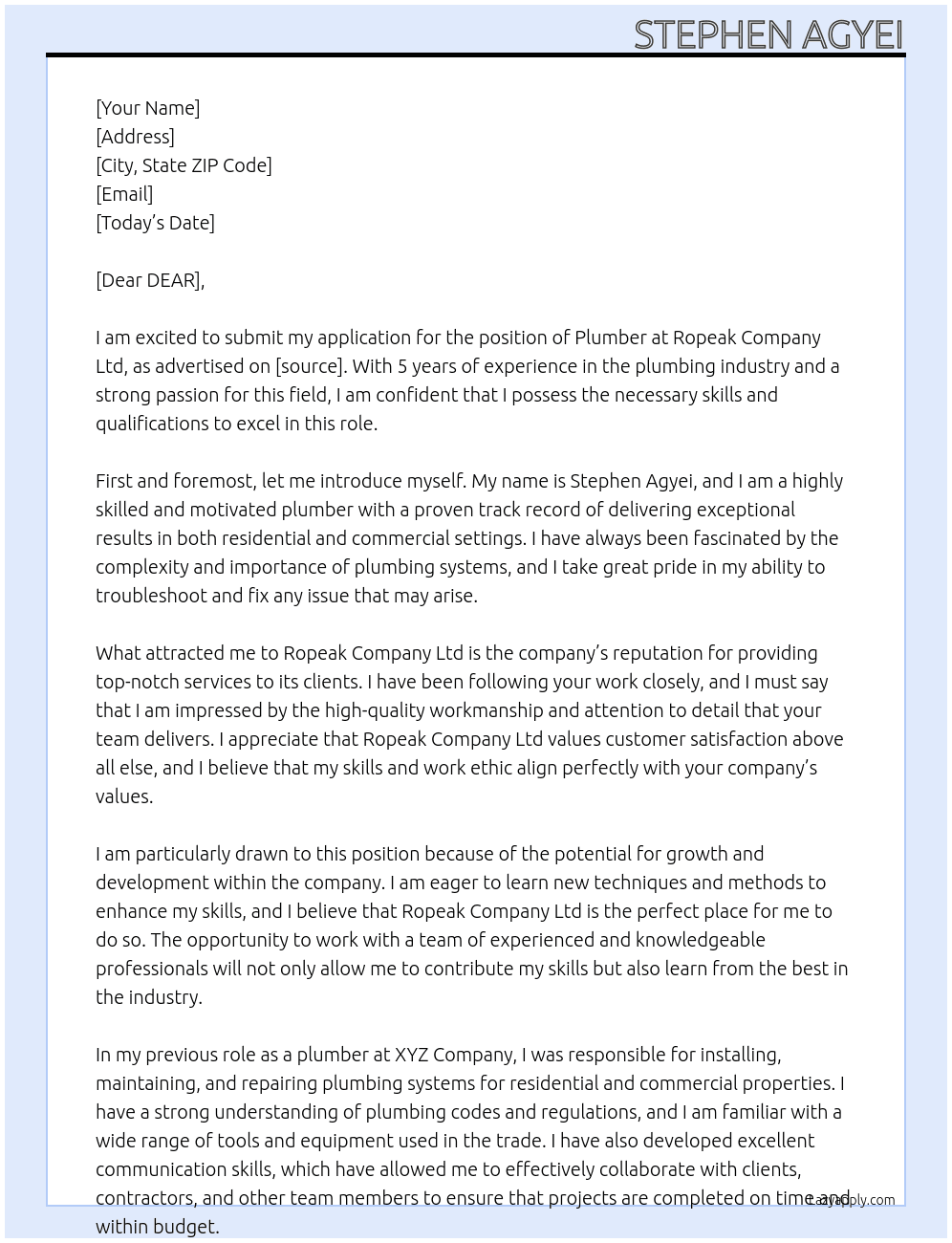PLUMBER At ROPEAK COMPANY LTD Cover Letter